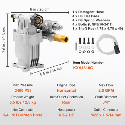 VEVOR Bomba de Lavado a presión, Eje Horizontal de 3/4 Pulgadas, 3400 PSI, 2.5 GPM, Kit de Bombas de Repuesto para Lavadora eléctrica, Bomba de Lavado de Piezas, Compatible con Honda, Simpson, RYOBI