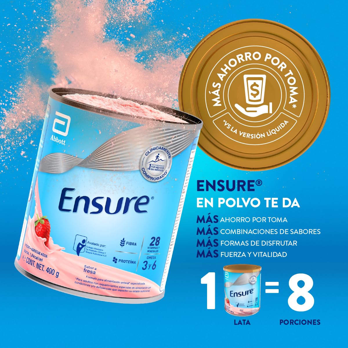 Ensure Clásico Fresa – Formula Nutricional | Polvo 400g | Bebida nutricional que favorece salud muscular y ósea brindando energía constante en formato práctico.