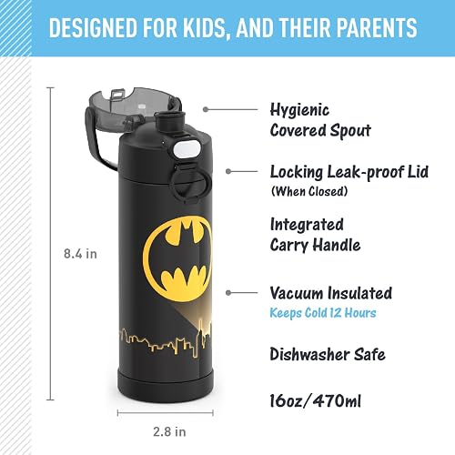 THERMOS FUNTAINER Botella aislada al vacío de acero inoxidable de 16 onzas con tapa de boquilla ancha, Batman