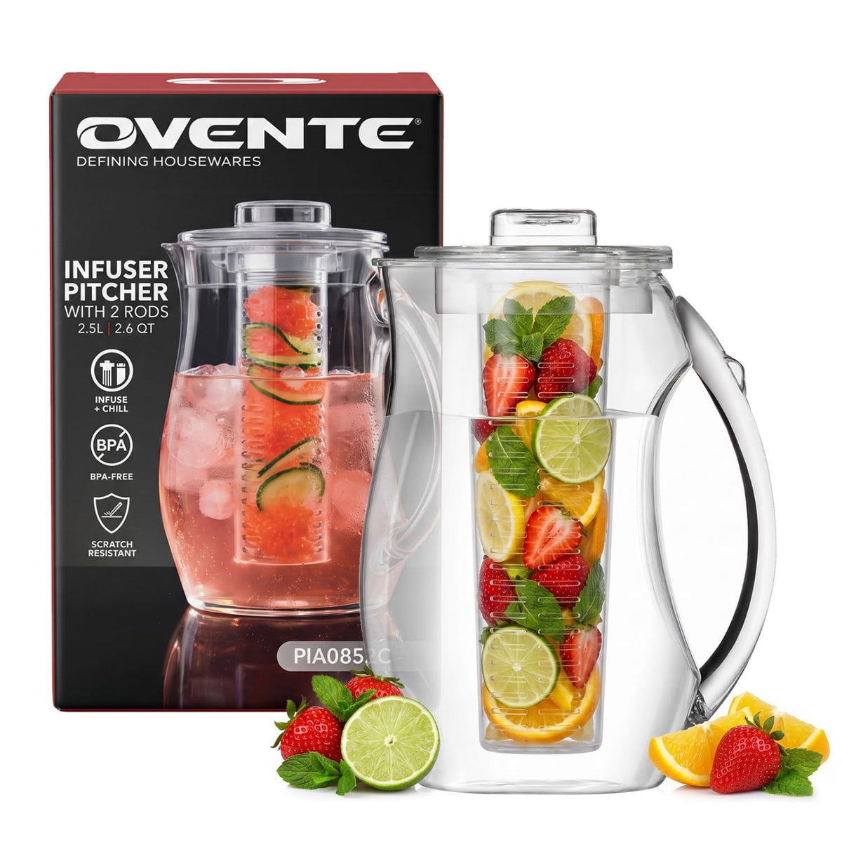 OVENTE - Jarra de agua para infusión de frutas de 2.5 l (85 onzas) con tapa extraíble y barra de infusor, jarra de bebidas acrílica sin BPA, ideal para bebidas con sabor a limonada, jugo, té helado y