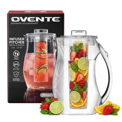 OVENTE - Jarra de agua para infusión de frutas de 2.5 l (85 onzas) con tapa extraíble y barra de infusor, jarra de bebidas acrílica sin BPA, ideal para bebidas con sabor a limonada, jugo, té helado y