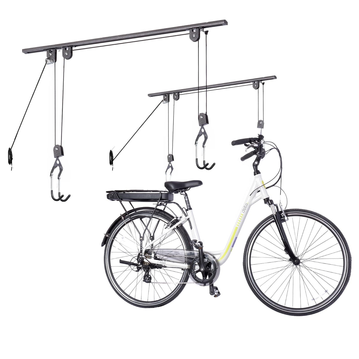 Bike Hoist for Garage with Utility Hooks Lift Storage - Heavy Duty for Space Saving - Road, Commuter & Mountain Bikes, Holds Kayaks & Ladders - No-Hassle Installation for Quick & Easy Access
