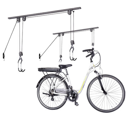 Bike Hoist for Garage with Utility Hooks Lift Storage - Heavy Duty for Space Saving - Road, Commuter & Mountain Bikes, Holds Kayaks & Ladders - No-Hassle Installation for Quick & Easy Access