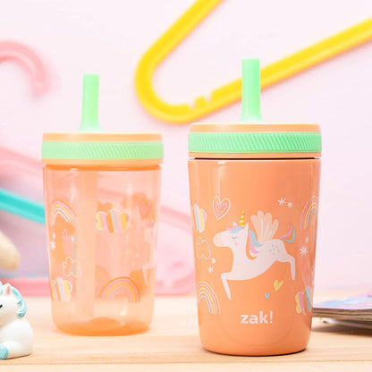 Zak Designs - Juego de vasos de unicornio Kelso, tapa atornillada a prueba de fugas con popote, paquete para niños incluye vasos de plástico y acero inoxidable con sorbidor adicional, juego de 3
