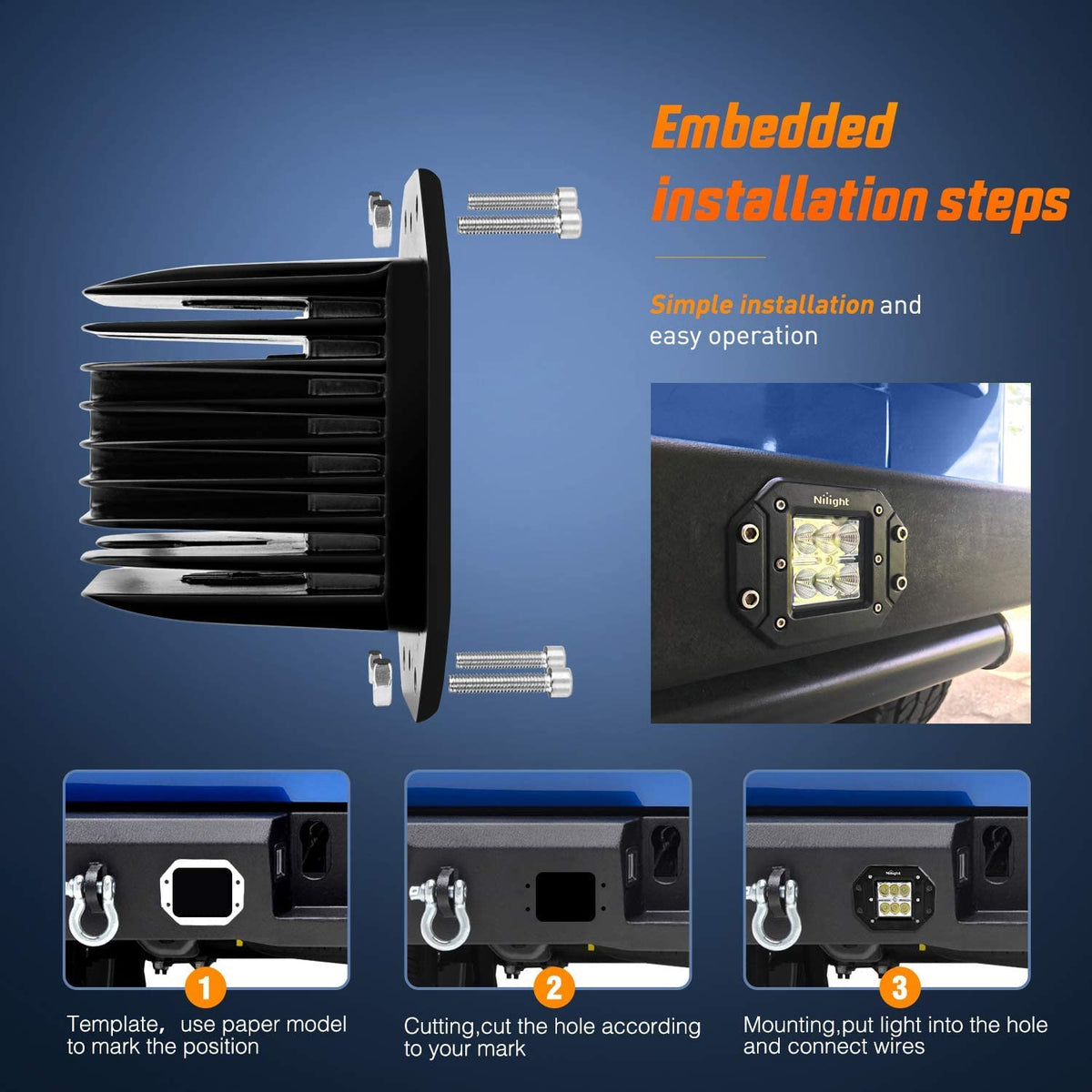 Nilight - 4 cápsulas LED de 18 W de Montaje Empotrado, Luces LED de Trabajo, Barra de luz LED, Luces antiniebla Todoterreno, para Jeep, camión, Tacoma, Parachoques, ATV, UTV