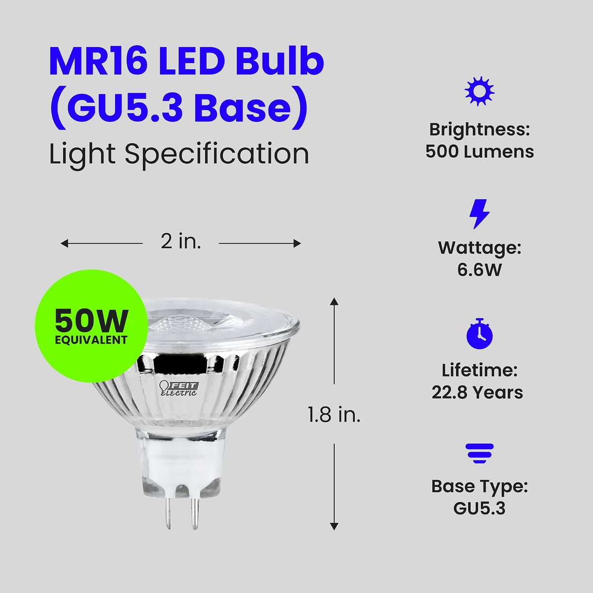 Feit Electric BPEXN/930CA/6 6.6 W 50 W Equivalente a 500 lúmenes MR16 GU5.3, 2 pulgadas de alto x 2 pulgadas de profundidad, 3000 K blanco brillante, 6 piezas