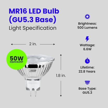Feit Electric BPEXN/930CA/6 6.6 W 50 W Equivalente a 500 lúmenes MR16 GU5.3, 2 pulgadas de alto x 2 pulgadas de profundidad, 3000 K blanco brillante, 6 piezas