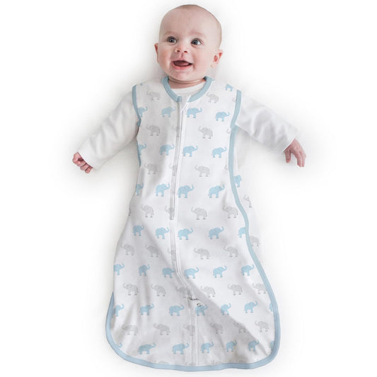 Amazing Baby Saco de Dormir de algodón, Manta con Cremallera de 2 vías, Azul Pastel + Gris pequeños Elefantes, Grande (12-18 Meses)
