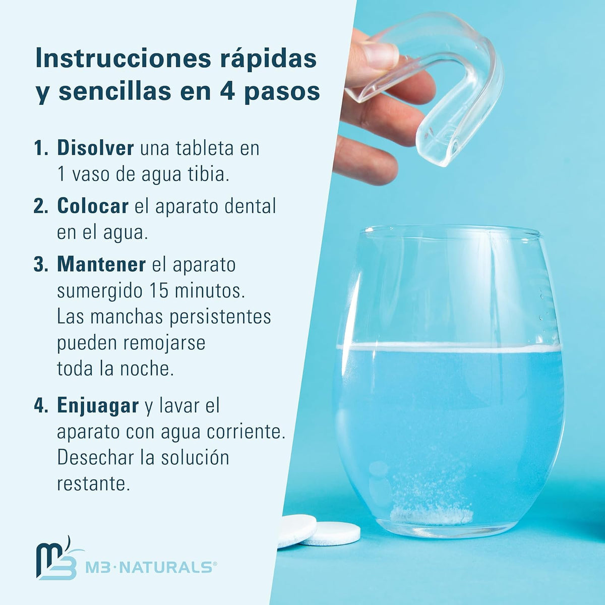 M3 Naturals Tabletas Limpiadoras de Retenedores Dentales, 120 Tabletas | Limpia retenedores, alineadores y prótesis; elimina olores, manchas y placa; efervescentes sabor menta con estuche