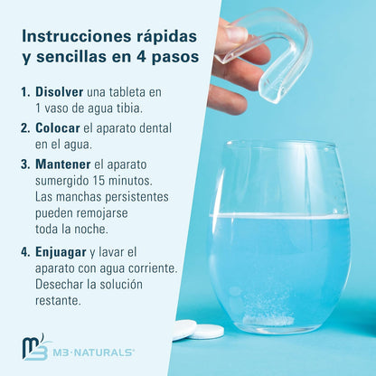 M3 Naturals Tabletas Limpiadoras de Retenedores Dentales, 120 Tabletas | Limpia retenedores, alineadores y prótesis; elimina olores, manchas y placa; efervescentes sabor menta con estuche