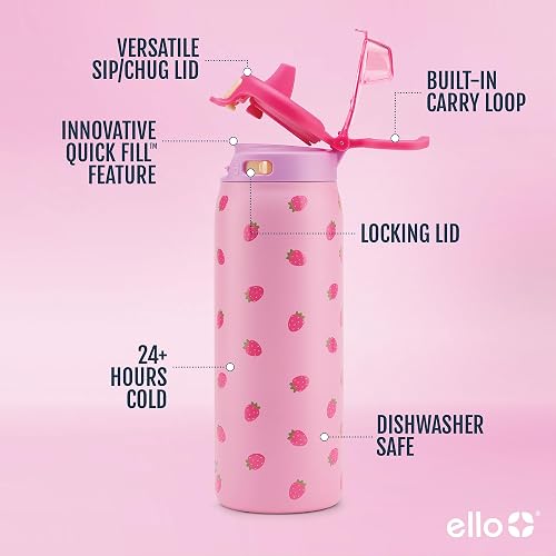 Ello Kids Pop & Fill - Botella de agua de acero inoxidable de 18 onzas con tecnología de llenado rápido, aislamiento al aspiradora de doble pared, tapa de bloqueo a prueba de fugas, para beber y chug