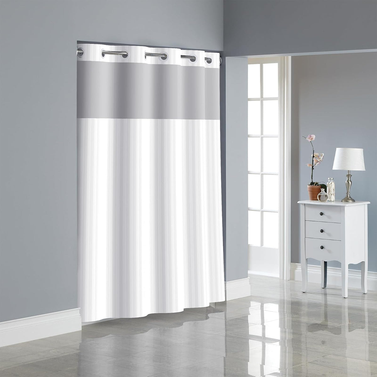 Hookless RBH35MY053 Hookless Victorian Stripe Bright White - Bright White 71"W x 74"L