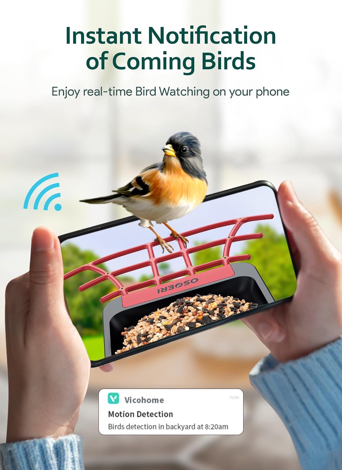 Osoeri Comedero para Pájaros con Cámara, Inteligente con IA, Identifica Aves, 1080P, Captura Vídeos Automática, Detección de Movimiento, Accesorios DIY, Regalo (Rojo Negro)