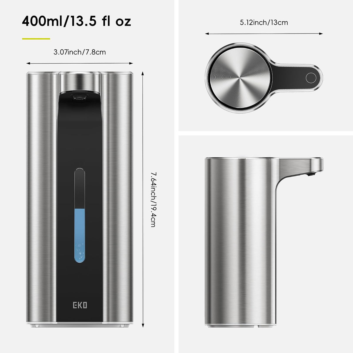 EKO Aroma Pro Dispensador automático de jabón líquido sin Contacto de 14 onzas, dispensador de jabón Recargable de Manos y Platos para baño y Fregadero de Cocina, Impermeable, Control de Volumen