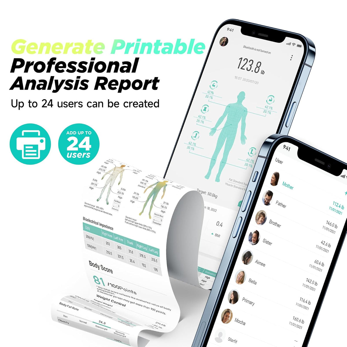 Runstar Smart Scale FSA o HSA, 8 electrodos, báscula digital de baño para peso corporal y grasa, IMC, masa muscular 28, medición de composición corporal, con TFT LCD a todo color en mango retráctil