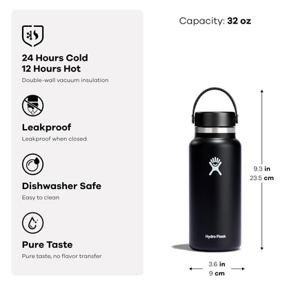 Hydro Flask - Botella de agua de acero inoxidable aislada, tapa flexible de boca ancha, no derrama, a prueba de fugas y recargable en rosa arrecife de 32 onzas