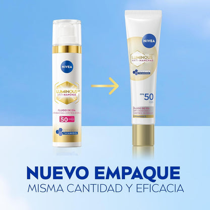 NIVEA Cellular LUMINOUS630 Anti-manchas Fluido Facial Aclarador de Piel FPS50 (40 ml), Enriquecido Con Ácido Hialurónico y Vitamina E para una Piel Luminosa sin manchas por Edad, Solares ni Hormonales