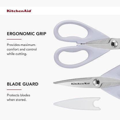 KitchenAid - Tijeras de cocina multiusos con funda protectora, tijeras duraderas de acero inoxidable, aptas para lavaplatos, mango cómodo de agarre suave, 8.72 pulgadas, color crema lavanda