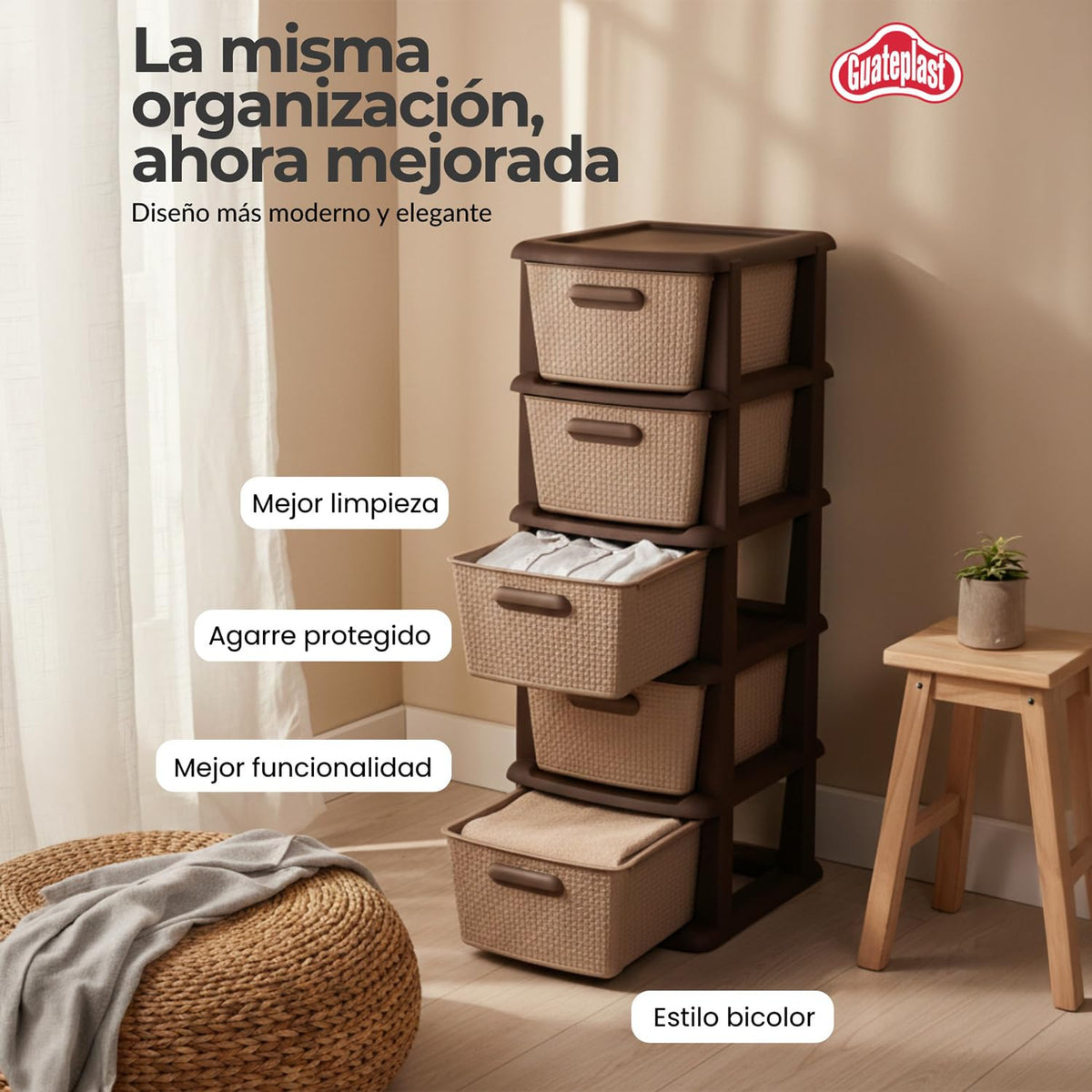 Guateplast Cajonera Organizadora 5 Gavetas Ratán Beige | Grande, textura ratán, plástico resistente, multiuso, 36×45×104 cm