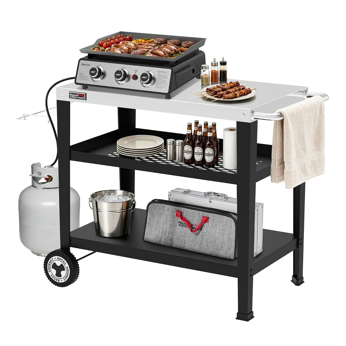 Royal Gourmet PC3404S - Mesa de comedor enrollable con soporte para bolsa de basura, jardín al aire última intervensión, patio, barbacoa, cocina, comida preparada, 30 pulgadas de largo x 19 pulgadas de ancho, mesa de acero inoxidable, plata y negro