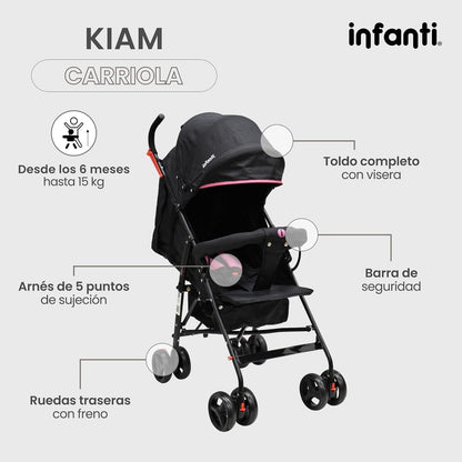 Infanti - Carriola para bebe KIAM - Carreola Ligera para Viajes De 6 Meses hasta 15 kg - Compacta y Con Barra de Seguridad - Color Negro con Rosa