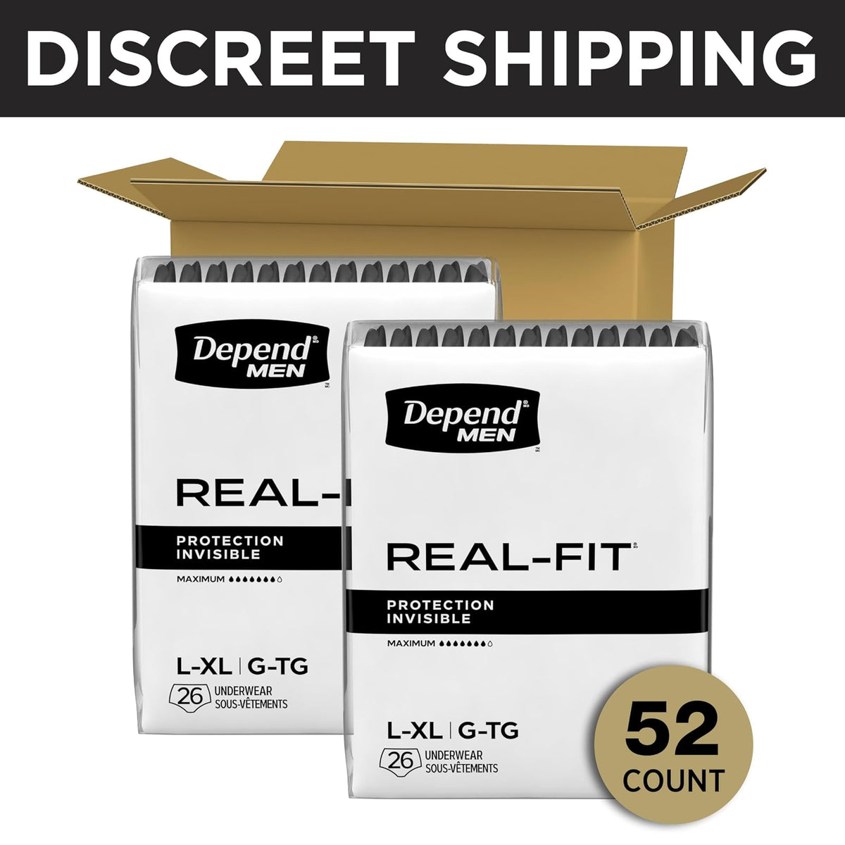 Depend Real Fit Incontinence Maximum Absorbency Briefs for Men, Large/X-Large, 52 Count, Black,