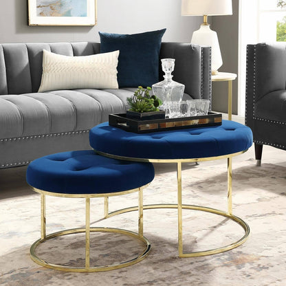 Sochic Set de Taburetes Redondos Tapizados en Terciopelo Azul con Base de Hierro y Patas de Metal Galvanizado