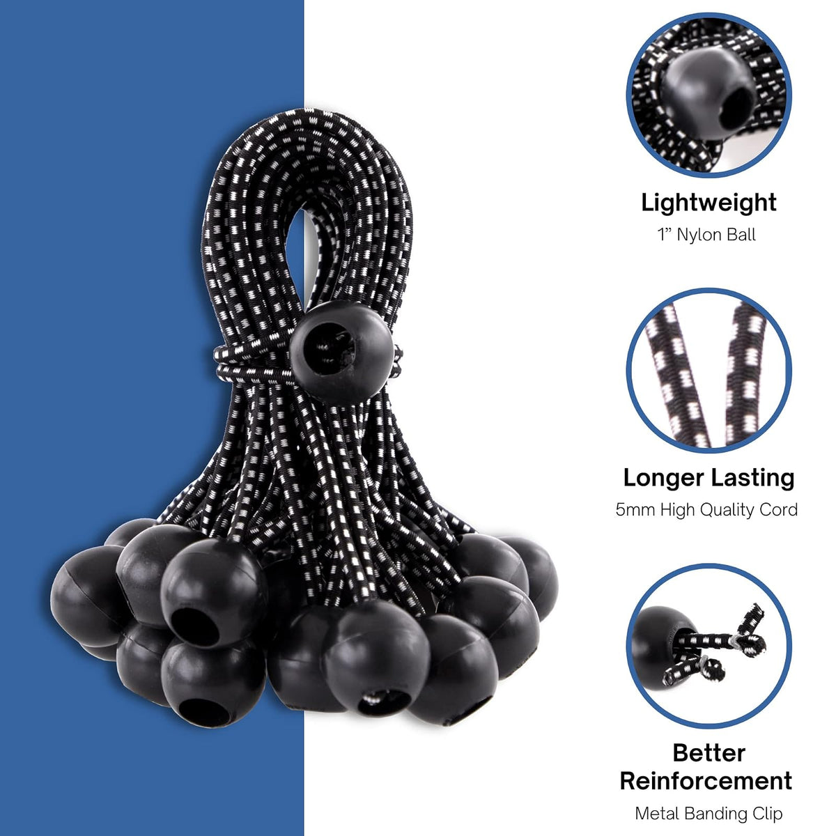 Kotap BB-6B - Cuerda elástica de Bola, Resistente y versátil, Negro, Paquete de 50