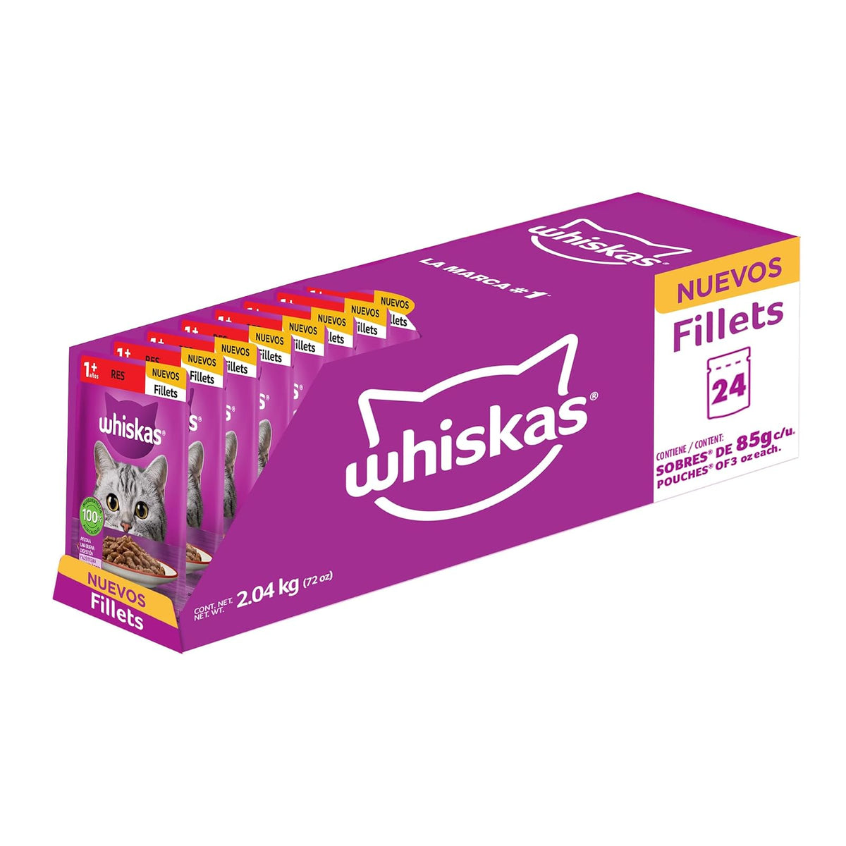 Whiskas - Alimento Húmedo para Gatos, Sabor Res, con Ingredientes Naturales, Vitaminas y Minerales, Paquete de 24 Sobres, 85g c/u.