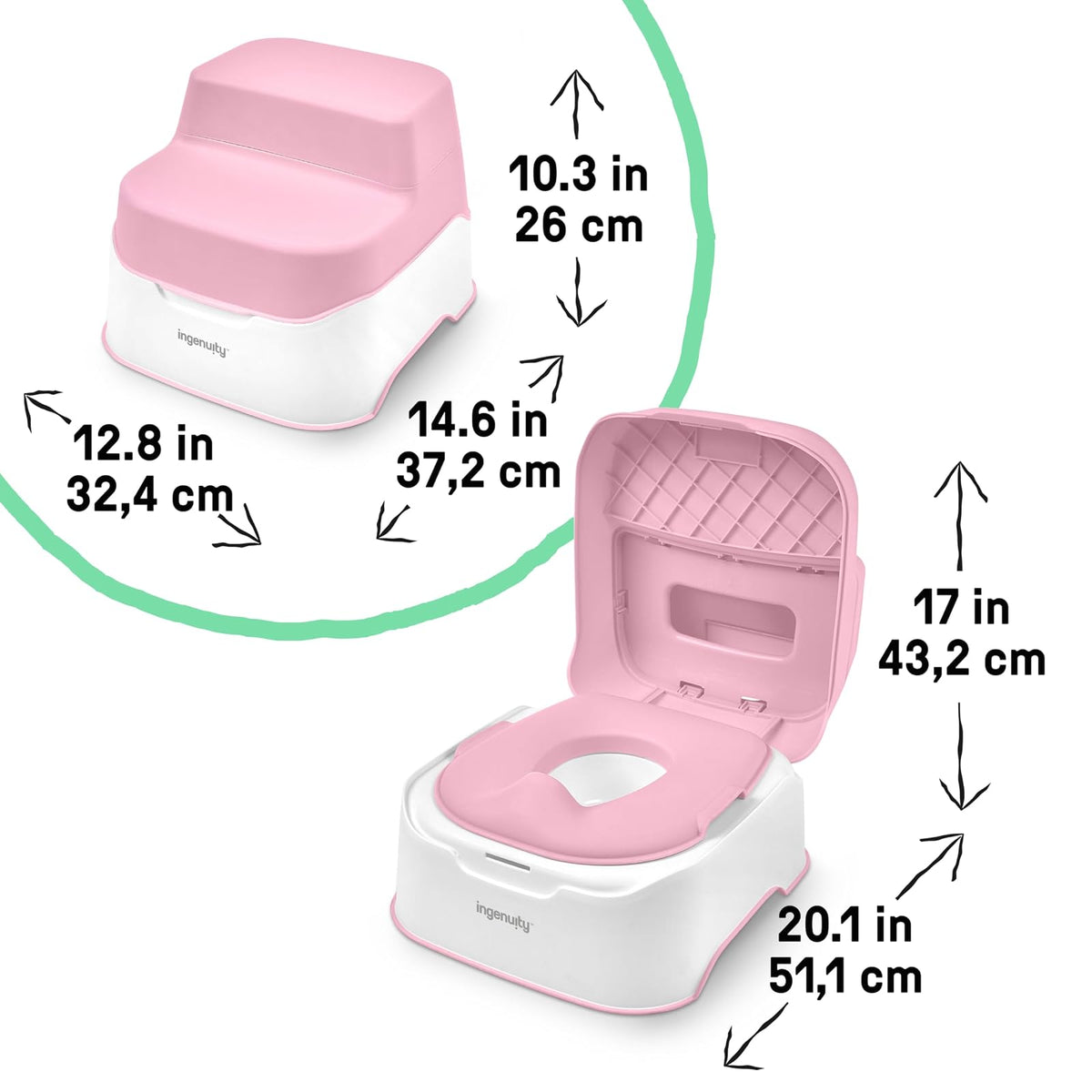 Ingenuity Prepare to Potty Sistema 3 en 1 - Inodoro de entrenamiento para ir al baño, parte superior, taburete de escalón, fácil instalación, rosa, para niños pequeños de 18 meses +