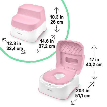 Ingenuity Prepare to Potty Sistema 3 en 1 - Inodoro de entrenamiento para ir al baño, parte superior, taburete de escalón, fácil instalación, rosa, para niños pequeños de 18 meses +