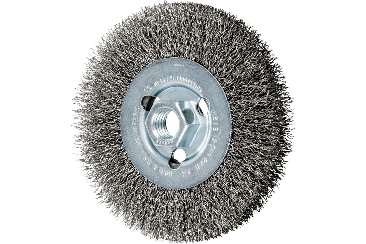 PFERD 80354 Crimped Wheel Brush, Stainless Steel Wire, 4-1/2" Diameter, 5/8-11 Thread, 0.014 Wire Size, 15/16" Trim Length, 1/2" Face Width, 12500 rpm