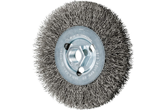 PFERD 80354 Crimped Wheel Brush, Stainless Steel Wire, 4-1/2" Diameter, 5/8-11 Thread, 0.014 Wire Size, 15/16" Trim Length, 1/2" Face Width, 12500 rpm