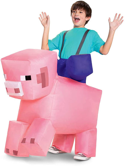 Pig Ride On Minecraft - Disfraz Inflable para niños con Abanico, hasta Talla (7-8)