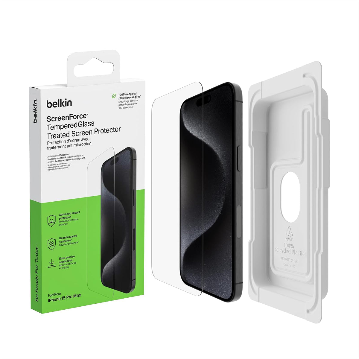 Belkin ScreenForce Protector de visualización tratado de vidrio templado para iPhone 15 Pro Max, delgado y resistente a los arañazos, incluye bandeja de alineación fácil para aplicación sin burbujas