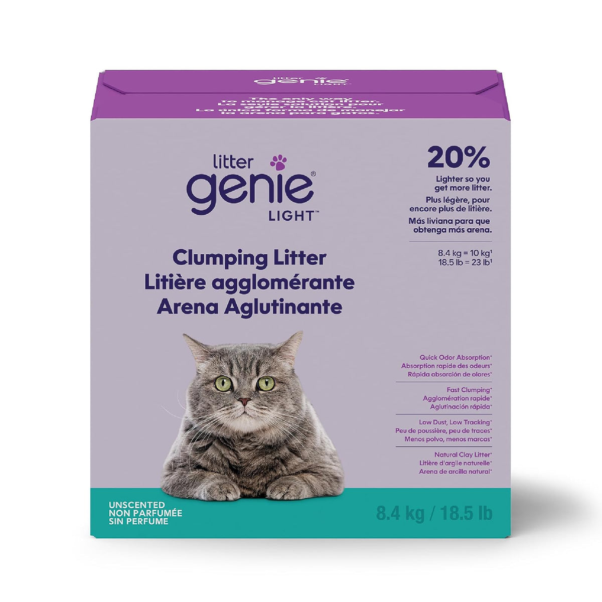 Litter Genie Arena aglutinante Ligera sin Fragancia Light para Gatos, 8.4 kg | Arcilla Natural 20% más Ligera | Aglutinación rápida, Control de olores, sin Polvo