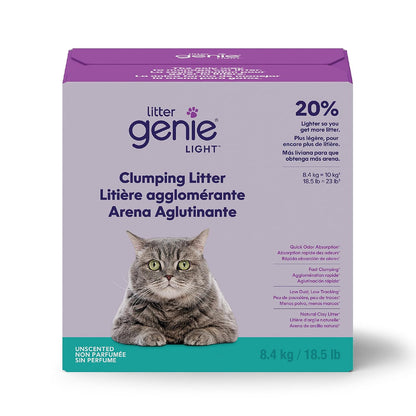 Litter Genie Arena aglutinante Ligera sin Fragancia Light para Gatos, 8.4 kg | Arcilla Natural 20% más Ligera | Aglutinación rápida, Control de olores, sin Polvo