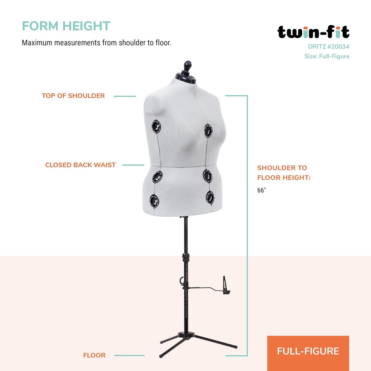 Dritz - Forma de vestido ajustable de doble ajuste, talla 20-24, maniquí de costura femenino con torso corporal pinnable, 13 esferas para un ajuste preciso y guía de dobladillo 360