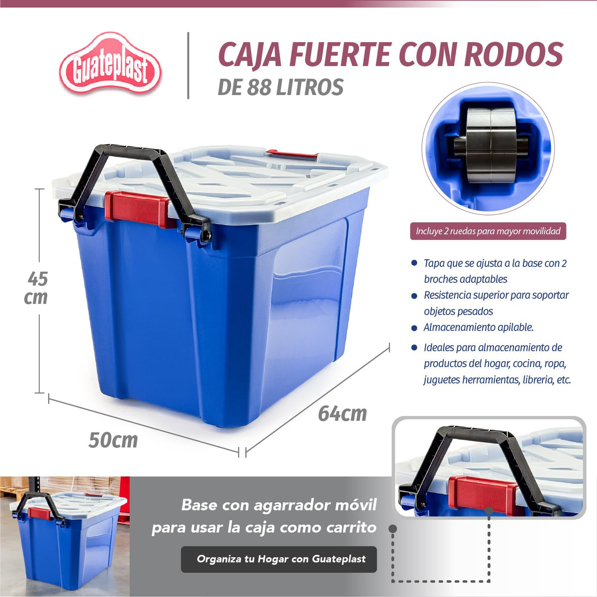 Caja de Almacenamiento con Ruedas 88 L de Plástico Color Azul