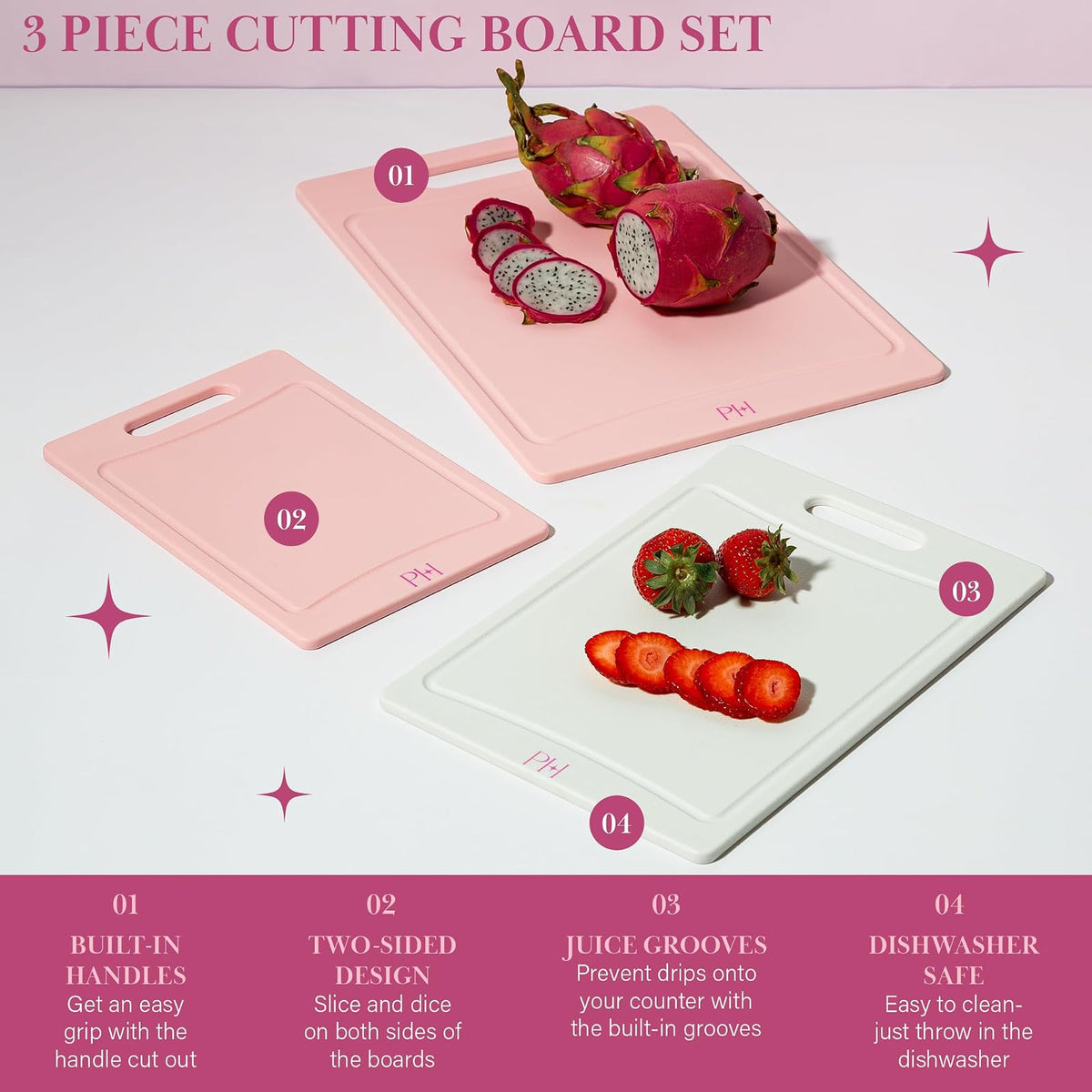 Paris Hilton - Juego de tablas de cortar de doble cara con ranuras de jugo integradas, asas de fácil agarre, plástico resistente hecho sin BPA, apto para lavaplatos, juego de 3 piezas, rosa y crema