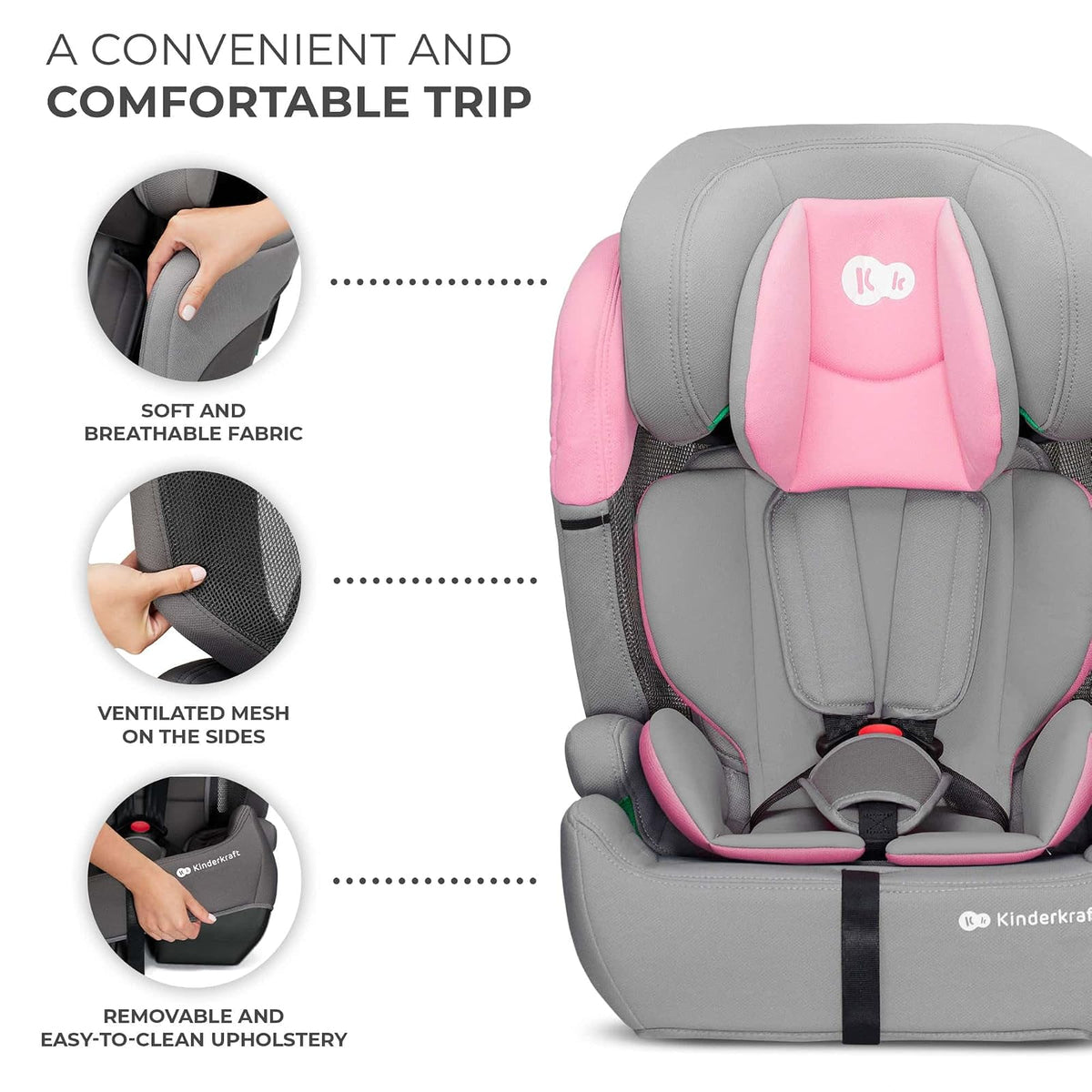 Kinderkraft COMFORT UP Autoasiento I-SIZE 76-150 cm, Silla automóvil para niños, bebé, Sillade, Cinturón, regula en 11 niveles, Grupo 1/2/3, 15 meses - 12 años, 9-36 kg, Rosa