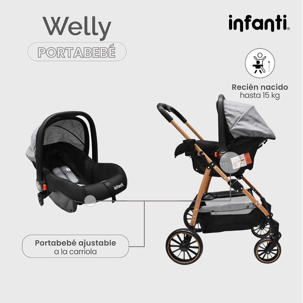 Infanti - Carriola para Bebé WELLY - Tavel System De 0 Meses a 3 Años, Hasta 15 kg - Convertible a Bambineto - Sistema de viaje -Color Gris