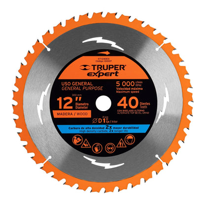 Truper Expert ST-1240EX, Disco sierra 12" para madera 40 dientes centro 1"