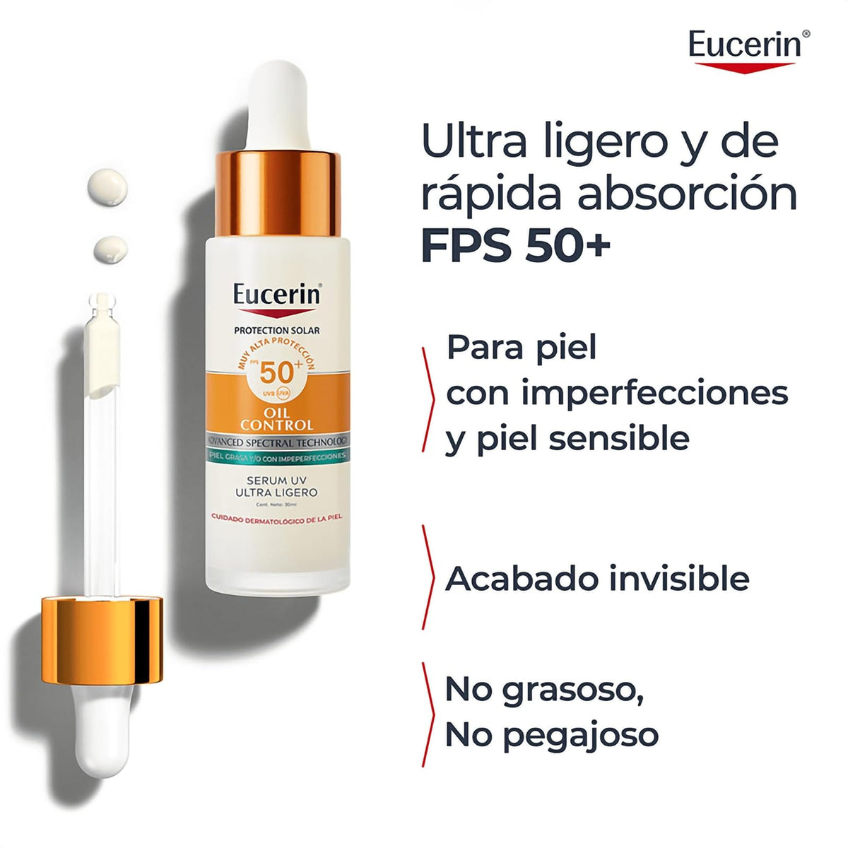 EUCERIN Protector Solar Oil control Serum ultra ligero FPS50+, 30ml, con 16 horas de protección