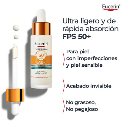 EUCERIN Protector Solar Oil control Serum ultra ligero FPS50+, 30ml, con 16 horas de protección