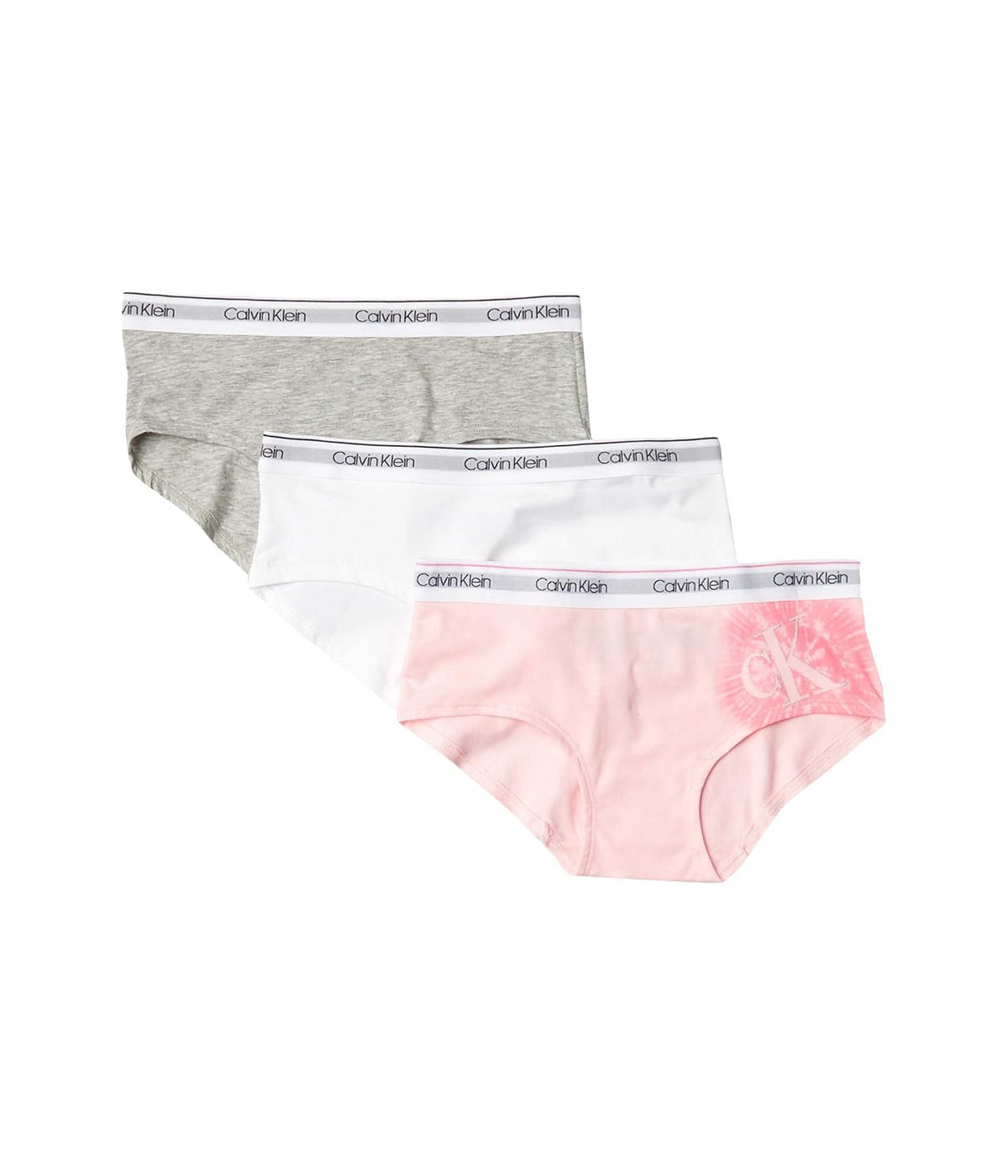 Calvin Klein Calzones Tipo Bikini para Niña, Paquete de 3 - Blanco - Gris jaspeado - Fresa Tyedye - G