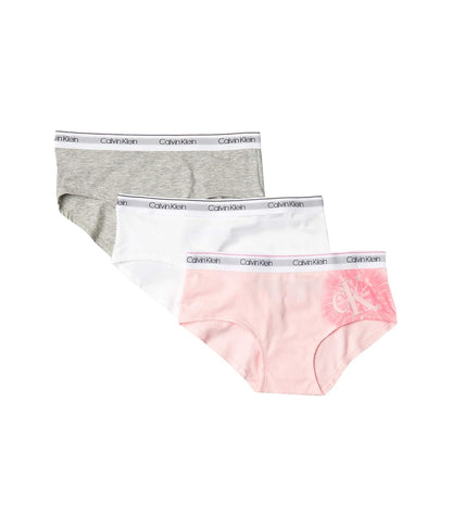 Calvin Klein Calzones Tipo Bikini para Niña, Paquete de 3 - Blanco - Gris jaspeado - Fresa Tyedye - G