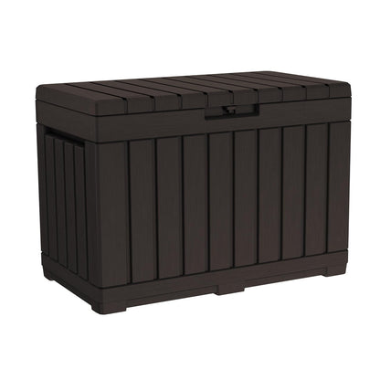 Keter Kentwood - Caja de resina de 50 galones para organizar y almacenar cojines de patio, almohadas y herramientas de jardín, color café