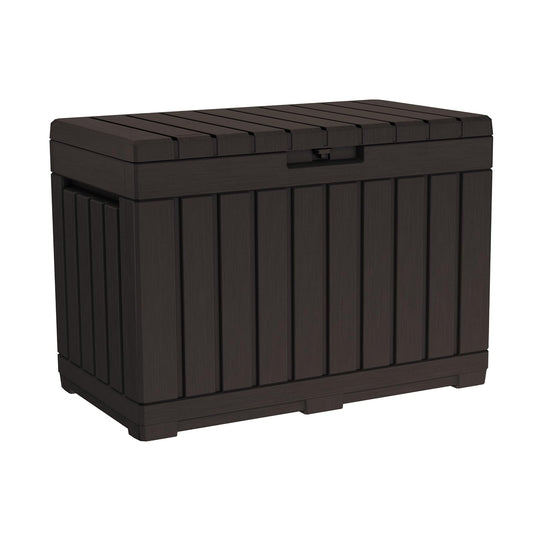 Keter Kentwood - Caja de resina de 50 galones para organizar y almacenar cojines de patio, almohadas y herramientas de jardín, color café