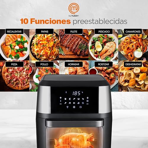 Hukën x MasterChef | Horno Freidora de Aire Multifuncional Premium 12 L | 10 Funciones | Panel Touch | Apagado Automático | Luz Interna | Acero Inoxidable | Accesorios y Recetario